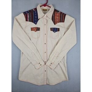 Wrangler Aztec Pearl Snap Button Up Shirt Womens Medium Cream South Western Yoke